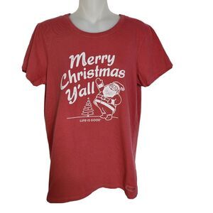 Life is Good Women's Crusher Tee Size Medium Red Merry Christmas Y All Short Slv